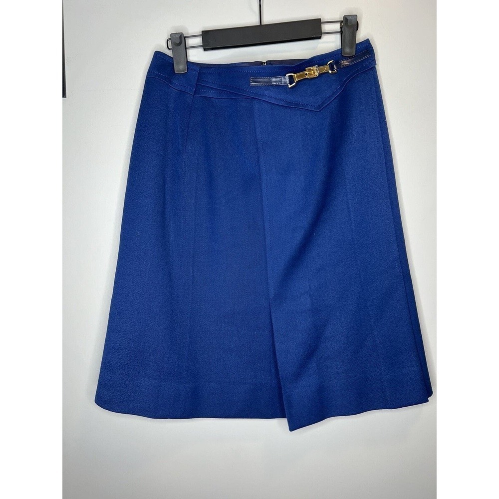 CELINE Paris Vintage Pencil Midi Wool Skirt Blue Womens Size 42 / 6 Gold Belt